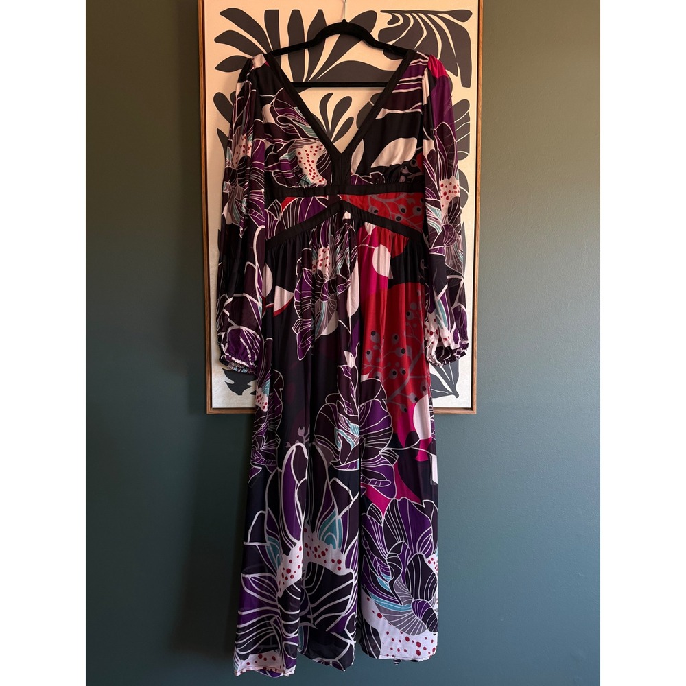 NWT Let Me Be Anthropologie Floral Maxi Dress Black Motif Balloon Sleeve S